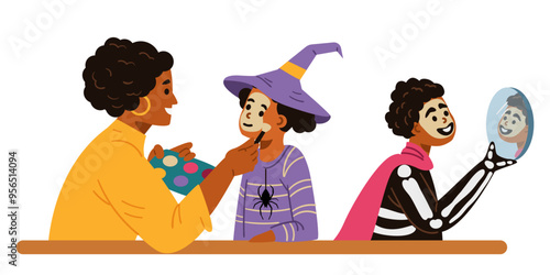 African American mother and children putting on makeup for Halloween celebration flat vector illustration isolated on white.