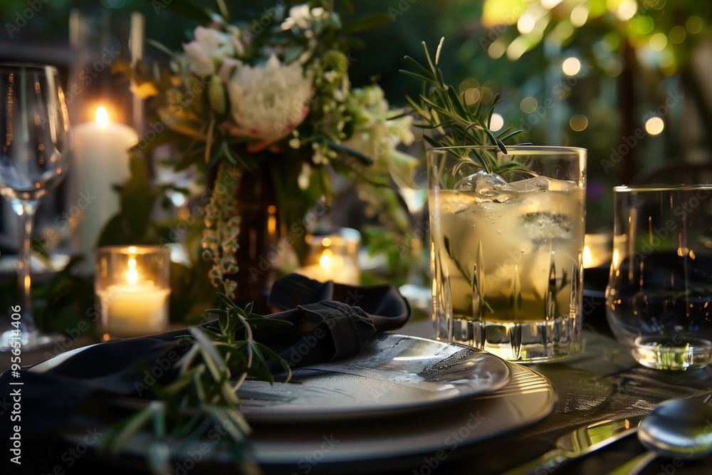 Cocktail garnished with herbs in an outdoor dining setting. Generative AI Cocktail garnished with herbs in an outdoor dining setting. Generative AI