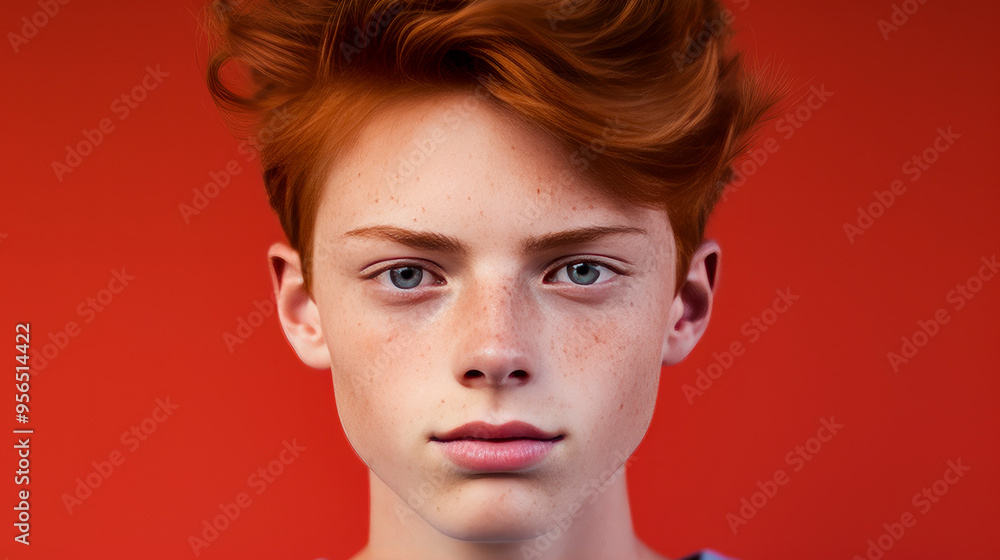 Portrait of a happy serious red-haired confident teenage guy with perfect skin, red background, banner. Portrait of a happy serious red-haired confident teenage guy with perfect skin, red background, banner.