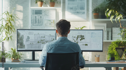 architect working on computer with CAD software in modern office, architect using CAD software on computer in modern office