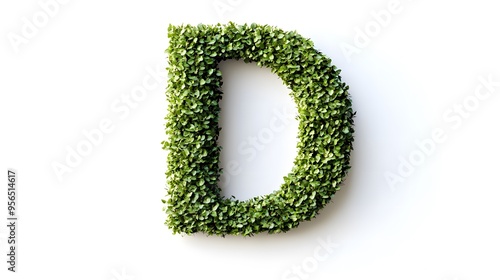 Hyper-Realistic Green Topiary Letter "D" Isolated on a White Background, Ideal for Eco-Friendly and Nature-Inspired Design Concepts