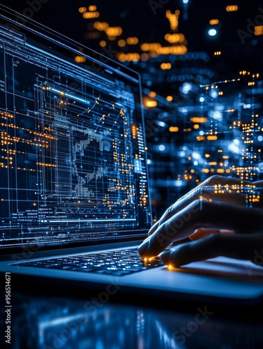 A closeup of a managers desk with an ideal project management tool open on a laptop, developers collaborating in the background