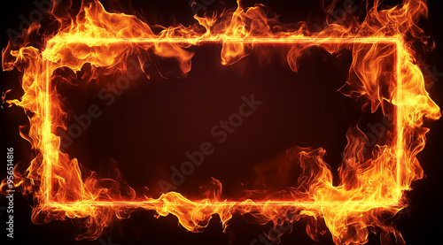 Fiery Frame Border with Realistic Flames on Dark Background, Perfect for Dramatic Design and High-Impact Visual