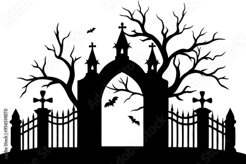 Creepy cemetery fence. Halloween spooky haunted cemetery gates silhouette, horror halloween decorations flat vector illustration. Graveyard fence silhouette