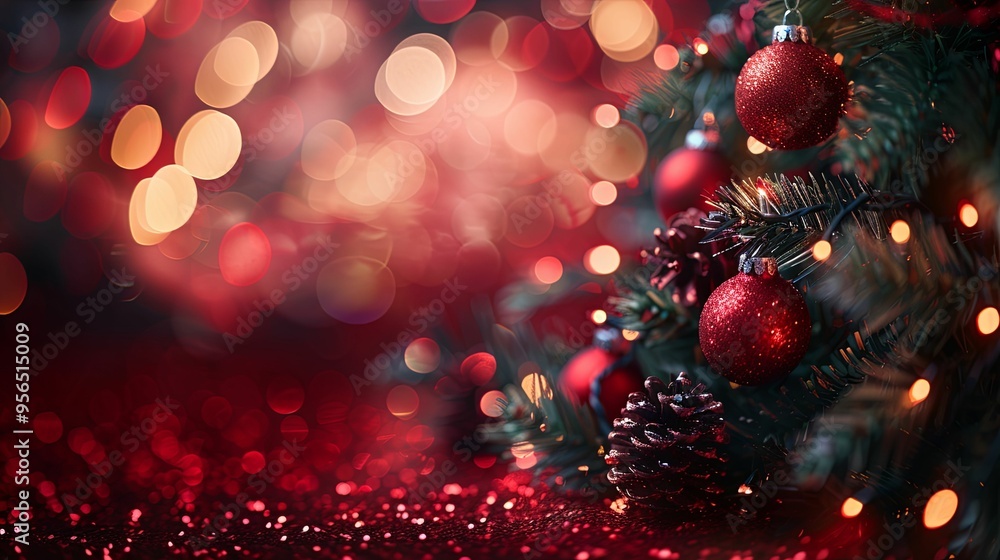 Red Christmas Ornaments and Lights on a Pine Tree Red Christmas Ornaments and Lights on a Pine Tree