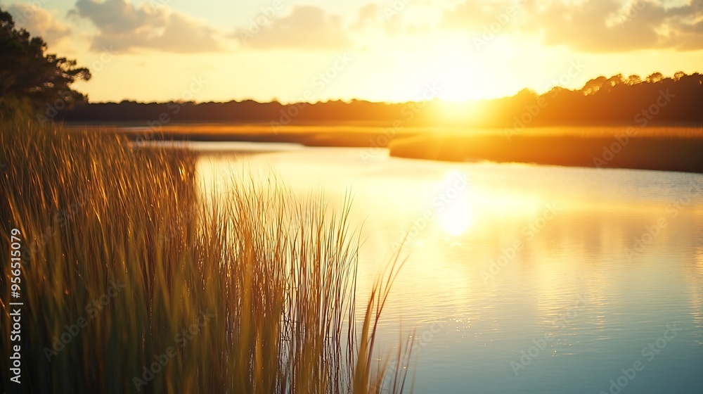 Fototapeta premium These photos depict sunrise and sunset over the marsh and water in Lowcountry Charleston South Carolina The exact location is Buck Hall Recreational center and Boat Ramp : Generative AI