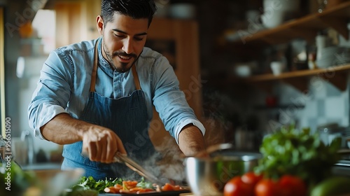 Handsome hispanic chef cooking at kitchen at home : Generative AI
