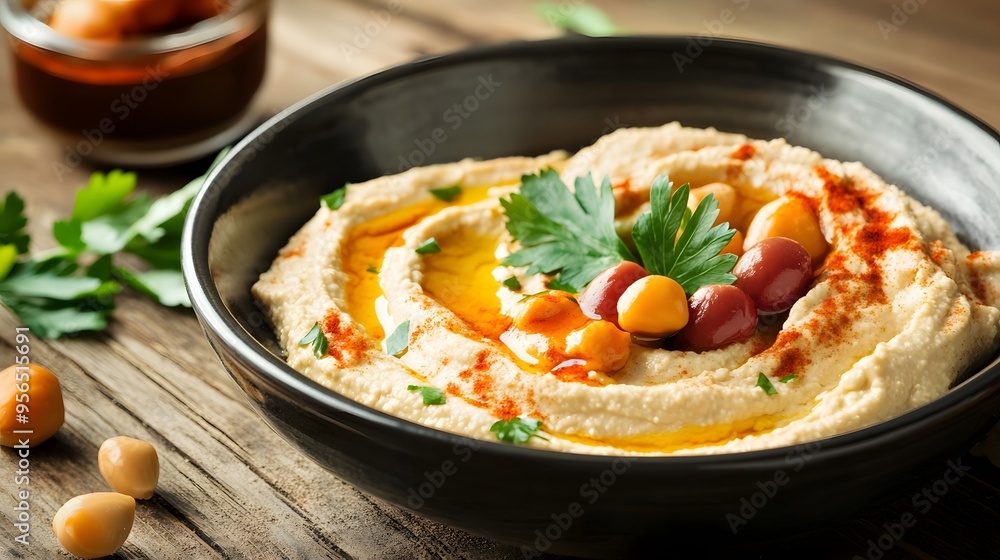 Delicious homemade hummus with olive oil and chickpeas garnished with fresh parsley Delicious homemade hummus with olive oil and chickpeas garnished with fresh parsley
