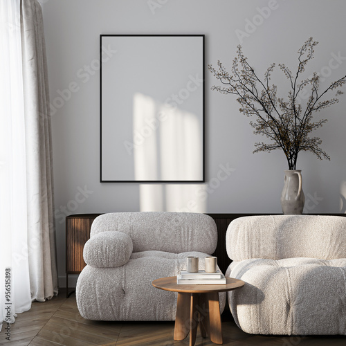 Frame mockup, ISO A paper size. Living room wall poster mockup. Interior mockup with house background. Modern interior design. 3D render