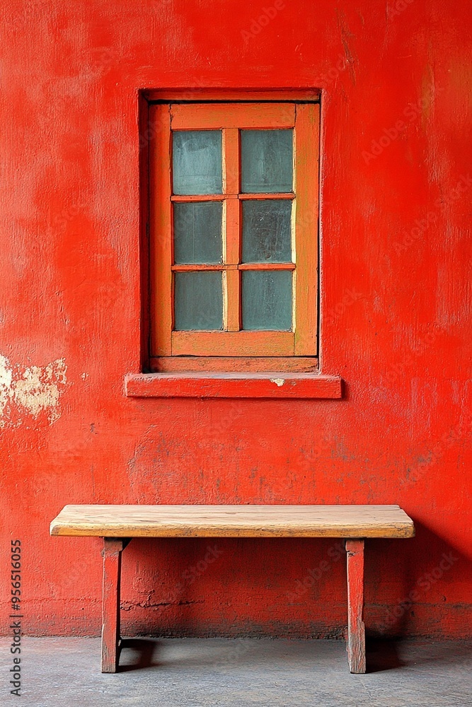 A vibrant red wall featuring a wooden window and a rustic bench, creating a bold and inviting atmosphere for any space. A vibrant red wall featuring a wooden window and a rustic bench, creating a bold and inviting atmosphere for any space.