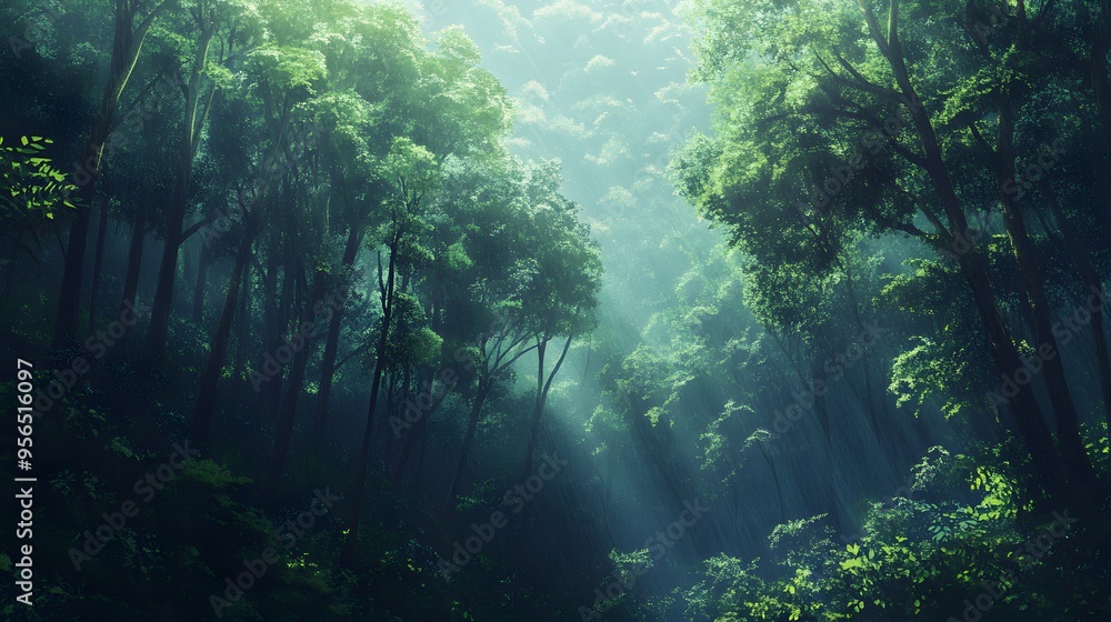 Obraz premium Serene forest canopy with sunlight filtering through lush greenery in vibrant woodland landscape