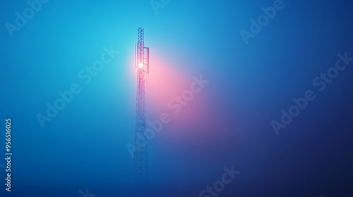 Abstract 5G antenna mast on a blue background, symbolizing telecommunication technology. 