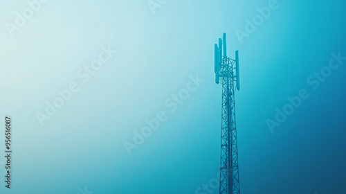 Abstract 5G antenna mast on a blue background, symbolizing telecommunication technology. 