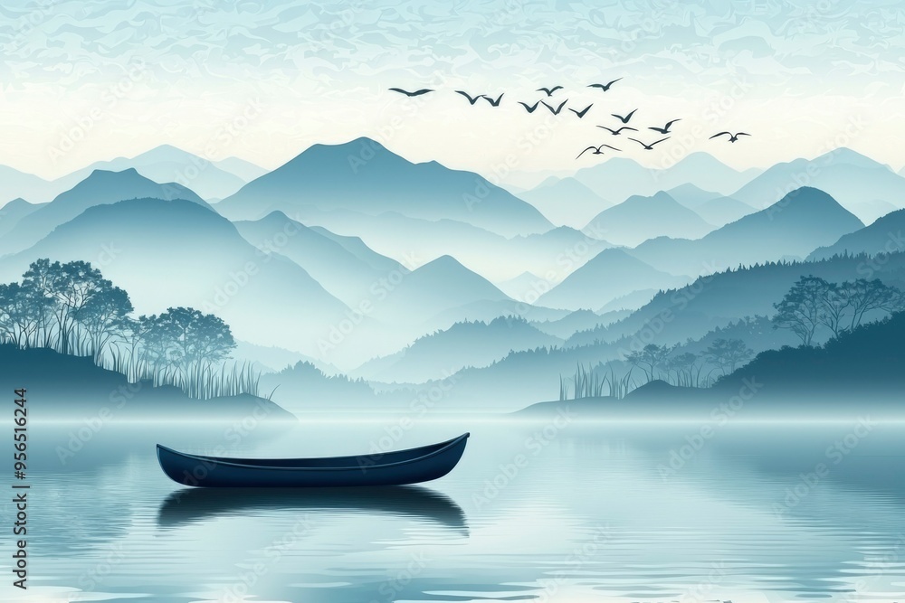 A Single Rowboat on a Still Lake Surrounded by Misty Mountains A Single Rowboat on a Still Lake Surrounded by Misty Mountains