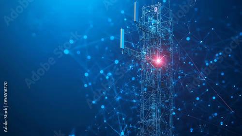 Abstract 5G antenna mast on a blue background, symbolizing telecommunication technology. 