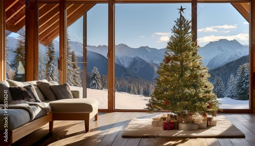 Tree in a Mountain Chalet
A Christmas tree inside a cozy mountain chalet, visible through large glass windows overlooking snowy peaks.