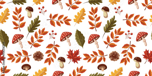 Colorful autumn seamless pattern with mushrooms, leaves and berries. Vector pattern for wrapping paper, fabric and other things