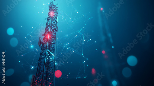 Abstract 5G antenna mast on a blue background, symbolizing telecommunication technology. 