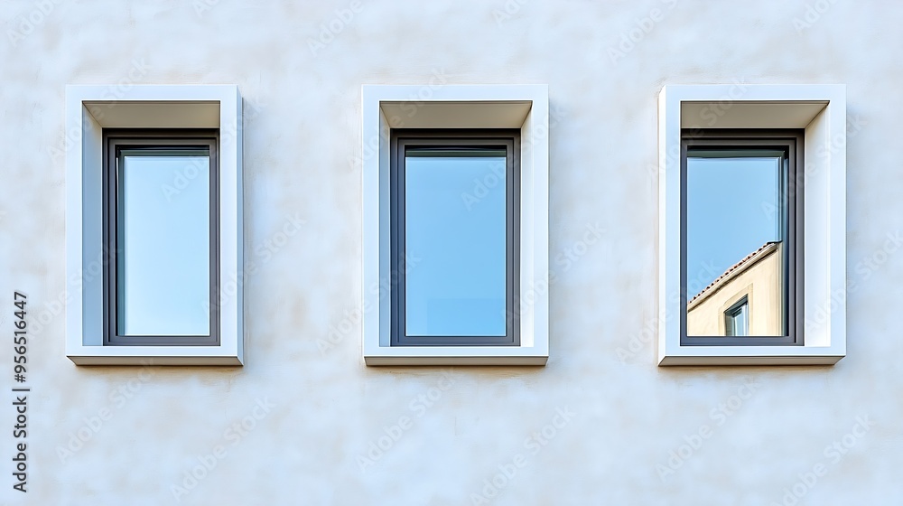 Several windows on the wall of a building with a white facade New windows have been installed in a house under construction with a light facade Front view closeup : Generative AI Several windows on the wall of a building with a white facade New windows have been installed in a house under construction with a light facade Front view closeup : Generative AI