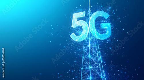 Abstract 5G antenna mast on a blue background, symbolizing telecommunication technology. 