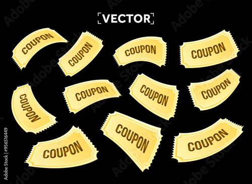 3d flying golden coupons with coupon code, isolated on dark background. Rain of falling yellow coupons. 3d Vouchers for special promotion, price off event. Vector illustration. Vector illustration