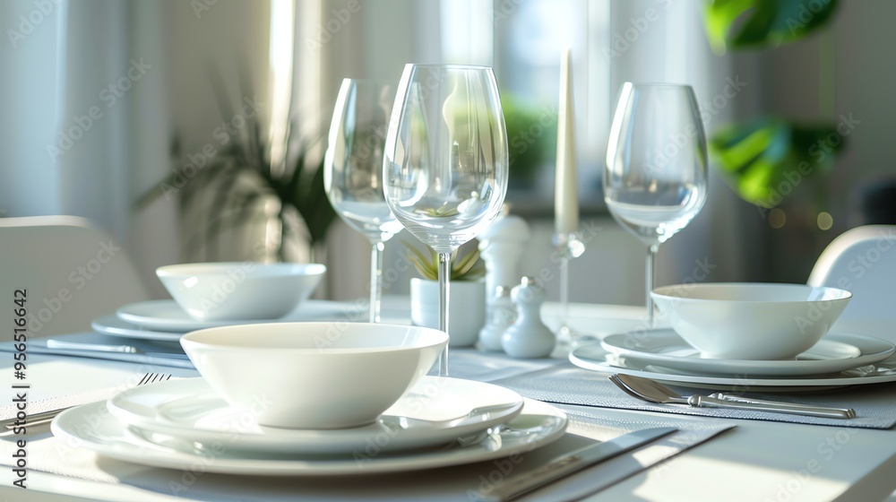 A table setting with white plates, bowls, silverware, and wine glasses. A table setting with white plates, bowls, silverware, and wine glasses.