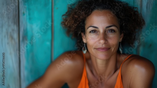 A woman with curly hair sits calmly against a rustic turquoise wall, emanating thoughtful serenity and natural beauty in an outdoor setting, capturing a moment of introspection. photo