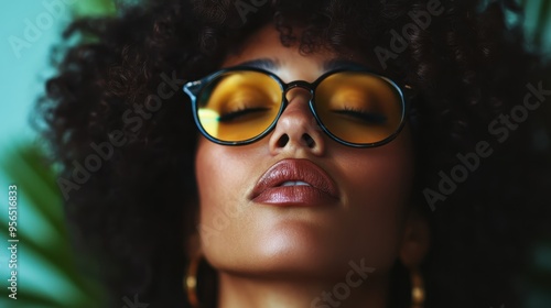 A portrait of a woman with curly hair, wearing large black glasses with yellow tinted lenses, eyes closed, projecting a relaxed and contemplative mood, exuding modern chic style.