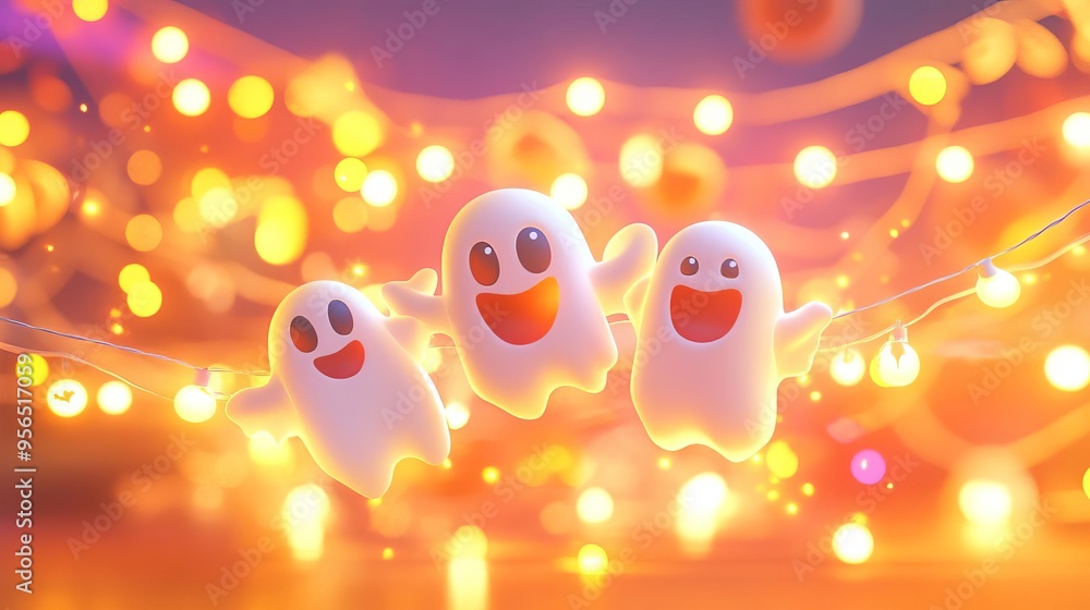 Fototapeta premium Festive and spooky Halloween and Christmas decorations, ghosts and garlands, 3D illustration 617-23