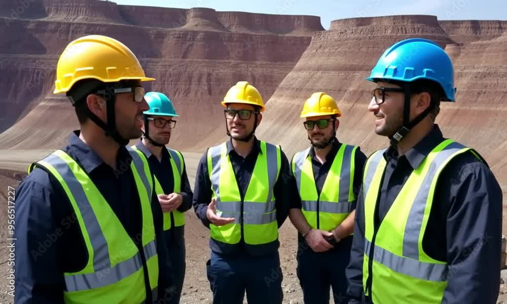 several mining workers were discussing near the mining pit with blue and yellow helmets