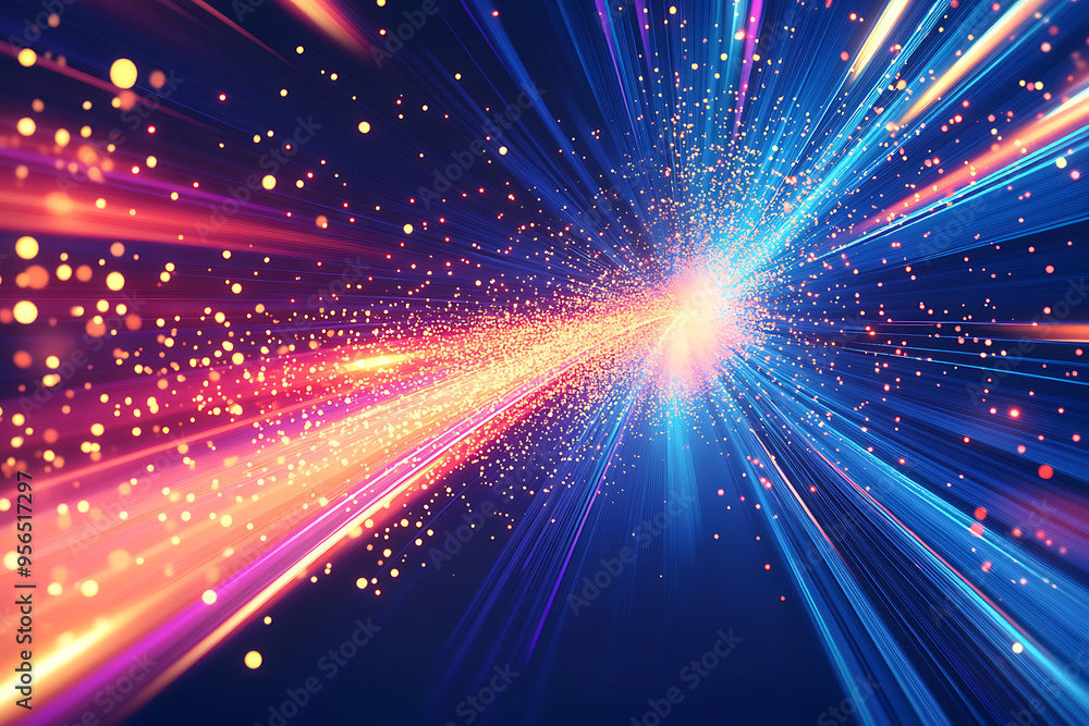 Dynamic abstract image of vibrant light trails and colorful particles converging towards a bright center, symbolizing speed and energy Dynamic abstract image of vibrant light trails and colorful particles converging towards a bright center, symbolizing speed and energy