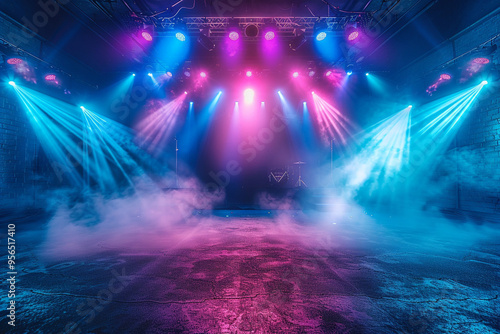 An empty dark stage with blue and purple lighting, laser beams, neon, and spotlights reflecting on asphalt floor, creating a studio room atmosphere with floating smoke for product display 