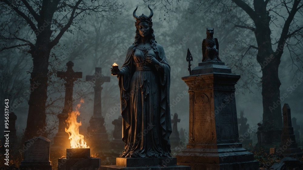 A statue of Hecate standing in a gloomy cemetery, holding a flame, with tombstones shrouded in mist as the backdrop. A statue of Hecate standing in a gloomy cemetery, holding a flame, with tombstones shrouded in mist as the backdrop.