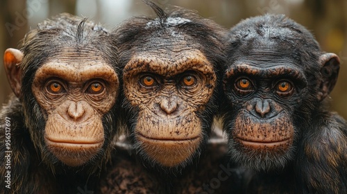 Three chimpanzees are standing together and looking at the camera