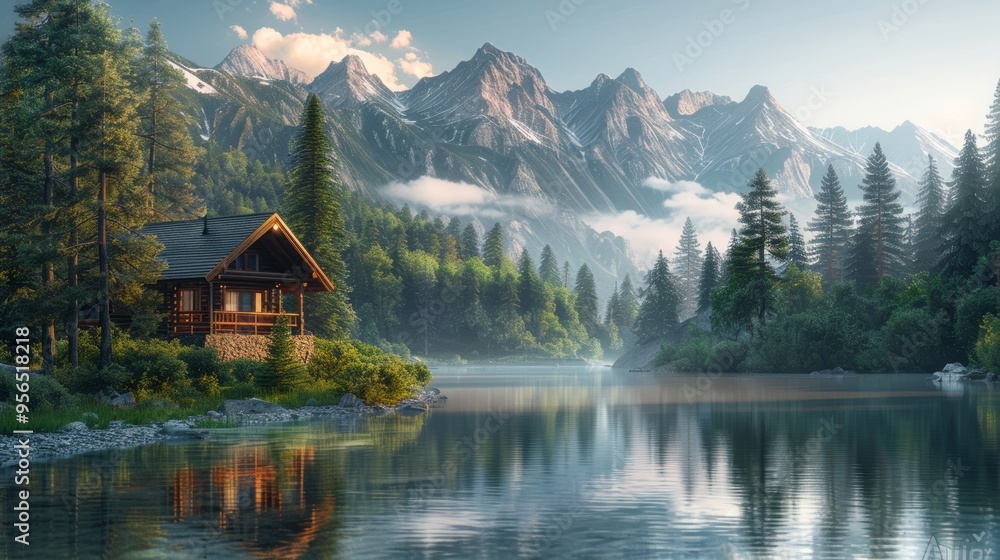 Fototapeta premium Idyllic Mountain Cabin by Serene Lake