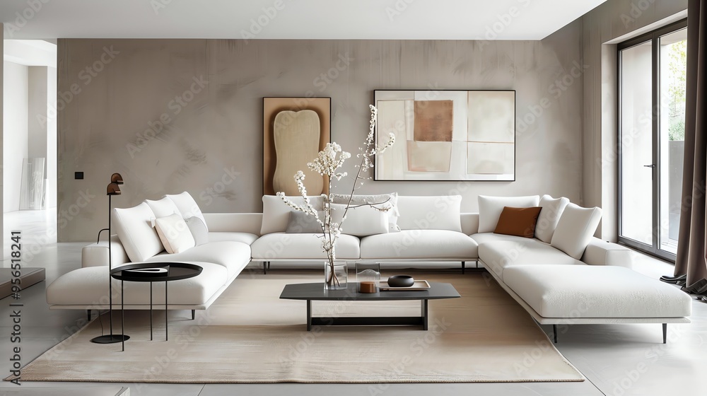 A modern living room with a white sectional sofa, a coffee table, and a plant. A modern living room with a white sectional sofa, a coffee table, and a plant.
