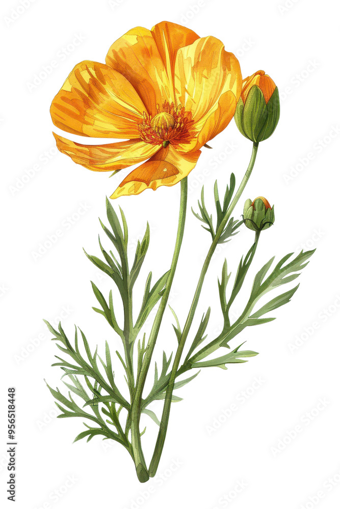 Vibrant Buttercup flower illustration with lush green leaves, watercolor art, perfect for botanical design or floral art projects, PNG transparent background Vibrant Buttercup flower illustration with lush green leaves, watercolor art, perfect for botanical design or floral art projects, PNG transparent background