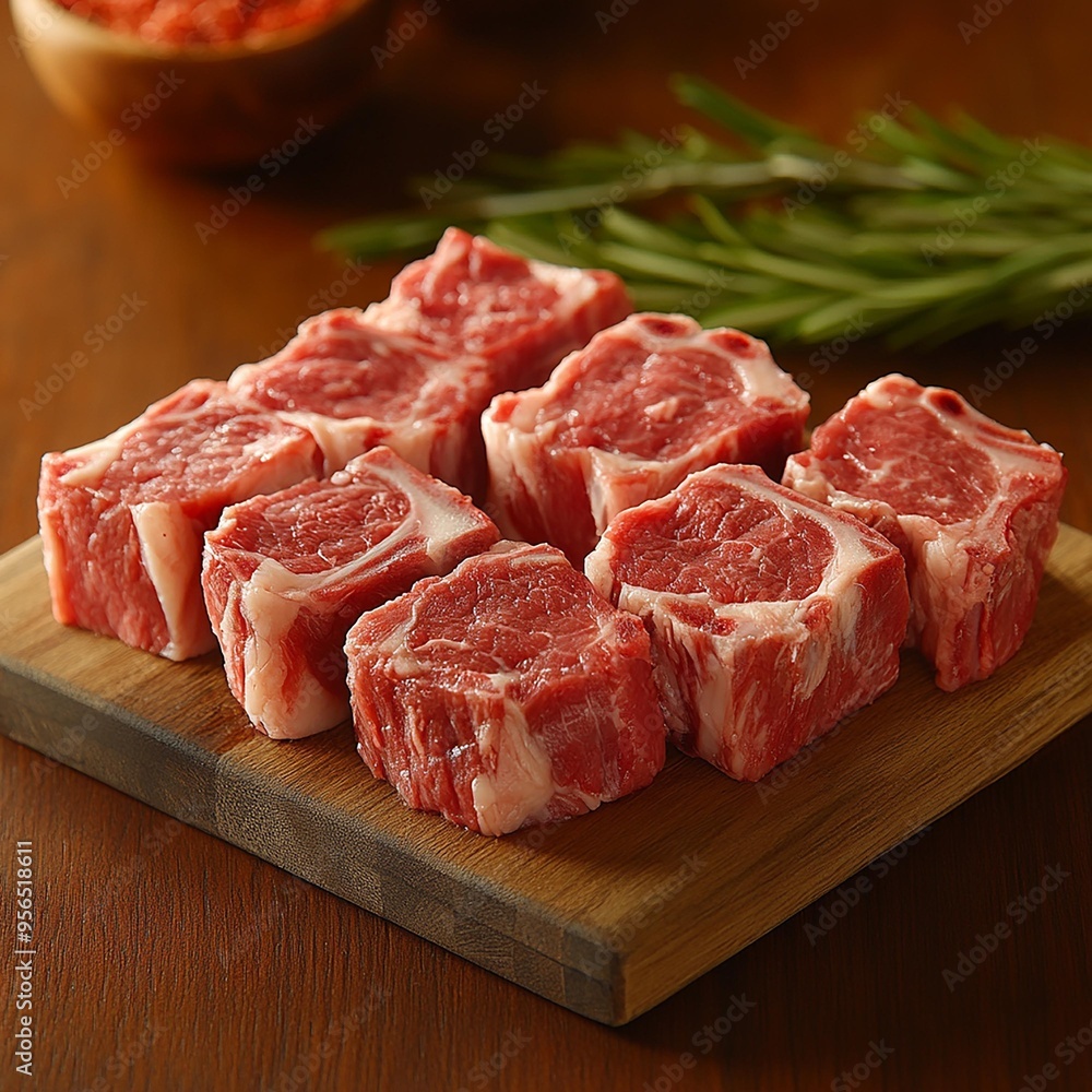 Freshly cut beef ribs displayed on a wooden board with herbs in the background, ideal for culinary inspirations. Freshly cut beef ribs displayed on a wooden board with herbs in the background, ideal for culinary inspirations.