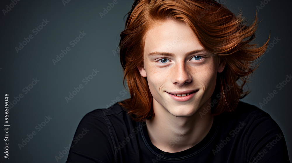 Portrait of a happy smiling red-haired, long haired confident teenage guy with perfect skin, silver background, banner. Portrait of a happy smiling red-haired, long haired confident teenage guy with perfect skin, silver background, banner.