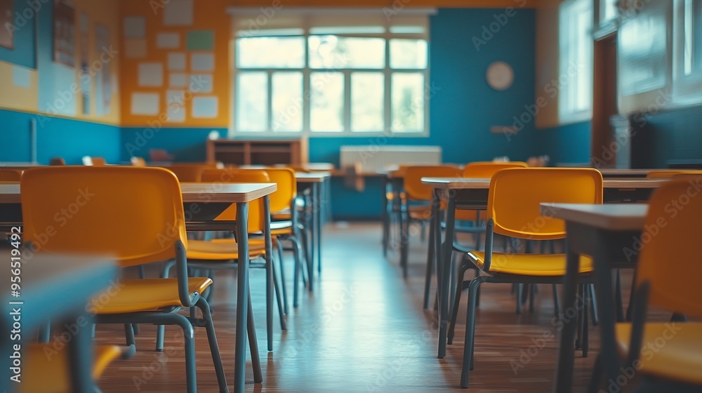 Empty school classroom with desks and chairs : Generative AI Empty school classroom with desks and chairs : Generative AI