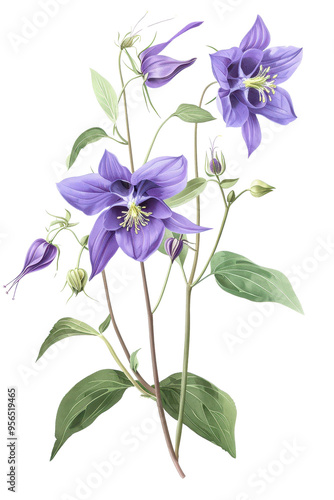 Vibrant Columbine flower illustration with lush green leaves, watercolor art, perfect for botanical design or floral art projects, PNG transparent background