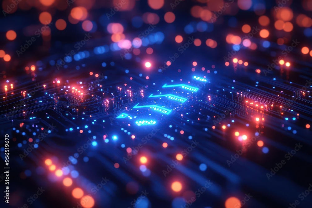 futuristic blue neon arrows pointing up and down on a digital circuit board background with glowing elements and data streams futuristic blue neon arrows pointing up and down on a digital circuit board background with glowing elements and data streams