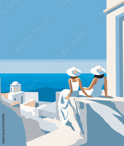 Tourism, vacation in Italy or Greece, two women on the beach and sea background admiring the seascape. Postcard, banner with space for text for advertising tourism, social networks, website