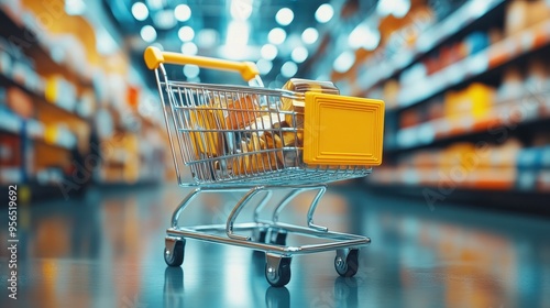 Empty Shopping Cart in Modern Supermarket Aisle with Shelves Stocked with Products photo