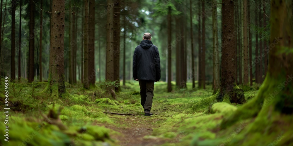 Individual walking calmly along a serene and green forest path, surrounded by tall trees and lush moss, evoking a sense of peace, solitude, and reflection. Individual walking calmly along a serene and green forest path, surrounded by tall trees and lush moss, evoking a sense of peace, solitude, and reflection.