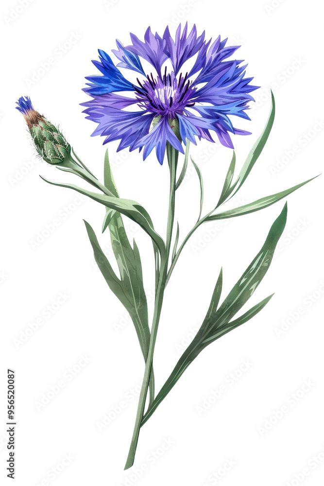 Obraz premium Vibrant Cornflower flowers with lush green leaves, watercolor art, nature's beauty in a stunning botanical illustration, PNG transparent background