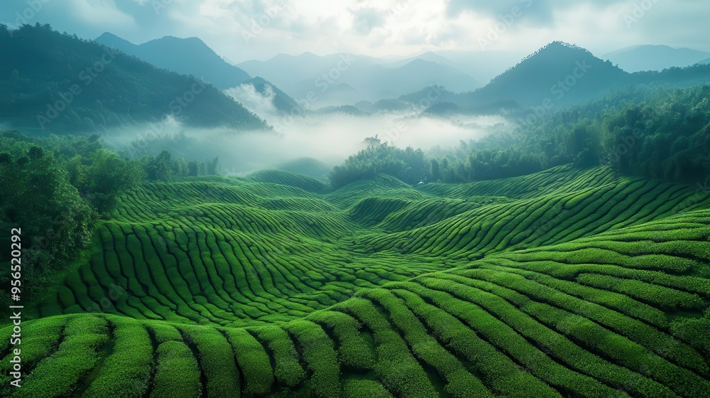 aerial view of a verdant tea plantation with neat rows of bushes creating mesmerizing patterns misty mountains in the background add depth and mystery to this lush agricultural landscape aerial view of a verdant tea plantation with neat rows of bushes creating mesmerizing patterns misty mountains in the background add depth and mystery to this lush agricultural landscape