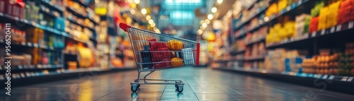 Shopping Cart in a Modern Supermarket Aisle with Colorful Shelves and Products in the Background photo