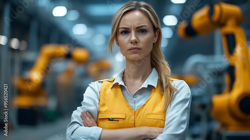 Female project manager standing in modern industrial factory Manufacturing facility with robotics robotic arms and automation Storing products and materials in warehouse : Generative AI photo