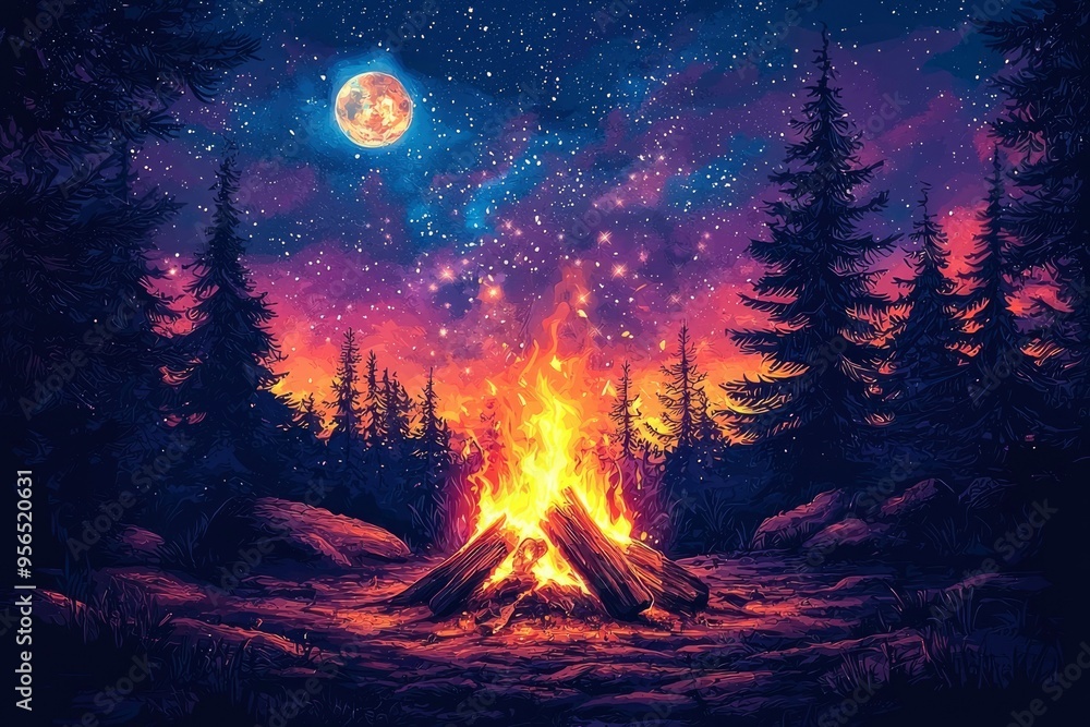 A Campfire Under a Starry Night Sky With a Full Moon A Campfire Under a Starry Night Sky With a Full Moon